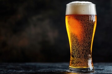 Tall glass of amber beer with frothy foam and dense carbonation on a dark surface, ideal for beer ads, drink packaging, bar branding, and promotional designs