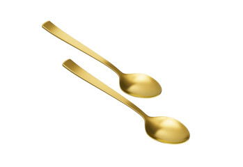 Two golden spoons featuring a smooth curves and straight handle, perfect for dining. 3d illustration