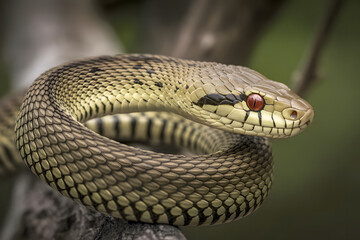 Fototapeta premium A snake is curled up on a branch