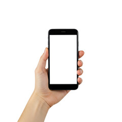 Light-skinned hand of a young adult woman, neatly presenting a sleek black smartphone with a blank white screen, isolated against a transparent infinity background with ample copy space, high-key