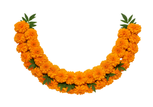 Vibrant Marigold Garland: A Festive Semi-Circular Arrangement with Orange and White Flowers