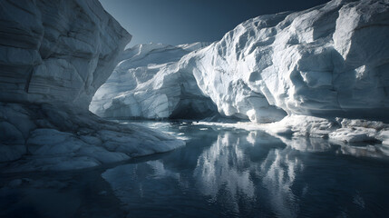 environmental portrait showing melting glaciers dramatic lighting pristine ice formations reflective pools climate narrative