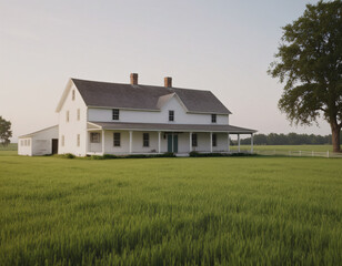 serene countryside farmhouse surrounded by lush green fields and trees