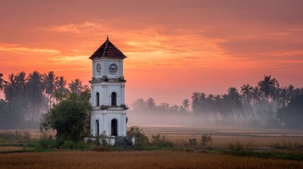 Old clock tower at dawn over rice fields
