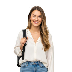 Fototapeta premium Happy young woman with backpack isolated on transparent background, ready for college