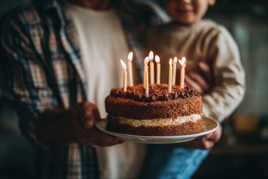 Father holding a cake with burnt candles to celebrate his son s birthday