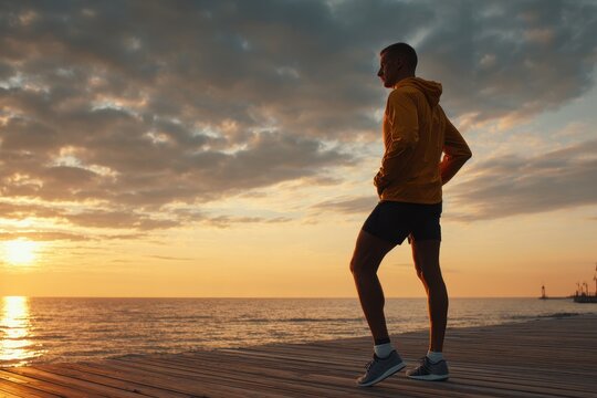 Athletic young man warming up for a jog by the beach at sunrise on a cloudy summer morning