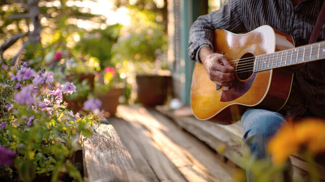 Person playing an acoustic guitar on a wooden porch, blooming flowers bathed in warm golden hour light. This image evokes feelings of relaxation, artistic passion, and peaceful outdoor living.