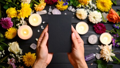 Hands holding a blank black book surrounded by flowers and candles