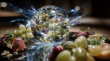 A levitating transparent fruit orb filled with sparkling juice and bio-luminescent seeds, floating above a futuristic dining table. Light particles swirl inside the orb as robotic