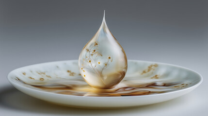 A floating dessert shaped like a droplet of morning mist, made from vaporized lychee foam, barely visible in soft sunrise backlight. Below it a reflective mirror plate that distort