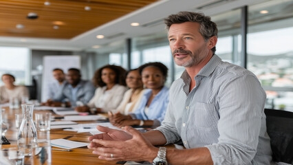 Obraz premium A confident business leader stands at the head of a conference table, gesturing while addressing a diverse team. Natural light, and modern interior, the scene feels focused and professional.