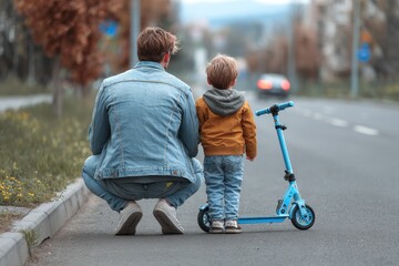A young dad knelt to speak with his toddler son while walking outside The scene is viewed from behind with both wearing jeans and jackets and a blue scooter nearby on the road