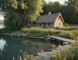Obraz premium rustic stone cottage with thatched roof surrounded by lush greenery and wildflowers