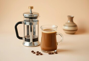 Morning coffee brewing in beige studio, French press , beige, coffee