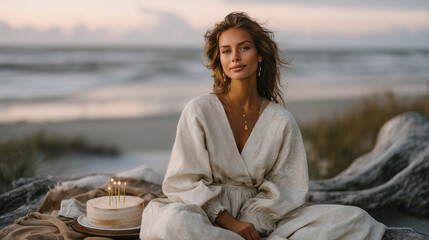 A barefoot woman on a sunset beach, blowing out candles on a minimalist cake placed on a driftwood table, waves and golden hour glow in the background beach birthday celebration, s