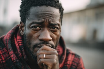 A contemplative Black man outdoors displays worry Close up of an African American in deep thought