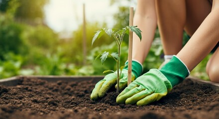 Hands Planting Tomato Seedling in Garden Soil with Gloves &ndash; Organic Gardening Close-Up.
