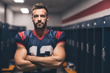 Athlete or football player in locker room with arms crossed prepared for competition in the USA
