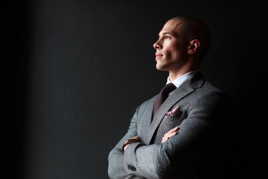 A well dressed man in a suit stands tall with arms crossed against a dark backdrop