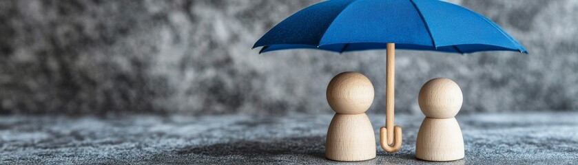 Blue Umbrella Protecting Wooden Figures, Safety, Security, Protection