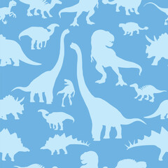 Light blue seamless pattern featuring silhouettes of different popular dinosaur species, ideal for children's designs and backgrounds
