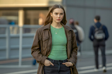 A woman in a green shirt and brown coat stands on a sidewalk