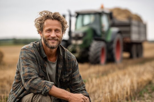 Charming man grinning at the camera in a late summer field Good looking farmer operating a tractor with a trailer post harvest
