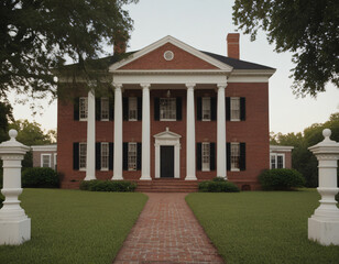 classic colonial brick house with symmetrical facade and white columns