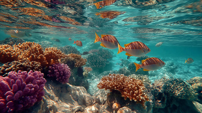 Underwater coral reef teeming with vibrant fish and diverse marine life in crystal clear tropical waters