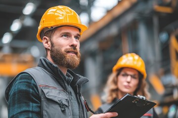 A Caucasian manager in a hard hat is training a factory worker in heavy industry production