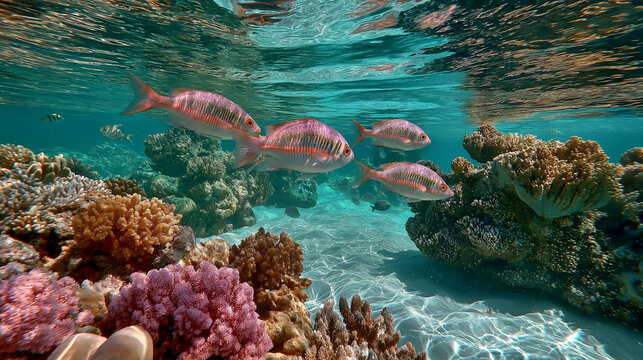 Vibrant coral reef ecosystem thriving with schooling red and silver fish in crystal clear tropical ocean waters, a breathtaking marine wildlife spectacle