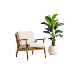 Modern armchair alongside thriving plant, perfect for a stylish interior design on transparent background