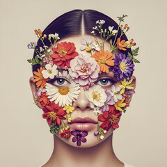 A woman's face is covered in flowers, giving her a unique