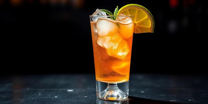 Iced alcoholic cocktail in elegant glass, dark background,   drinkware,   elegant