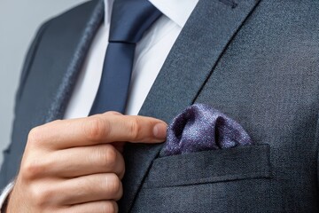 Close up of a man adjusting a handkerchief in his suit pocket against a light backdrop