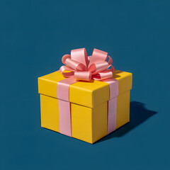 A yellow box with pink ribbon on top of it