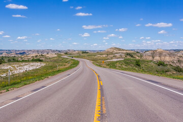 Beautiful views of the canyon on both sides of the highway in the Little Missouri valley in North Dakota