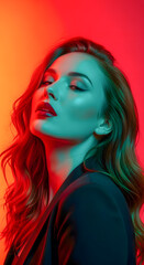 A woman with long hair is wearing a black jacket and red lipstick