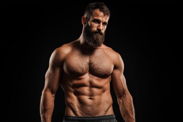 Fototapeta premium Attractive muscular man or athlete with a bodybuilder physique including a six pack and beard in pants against a black background