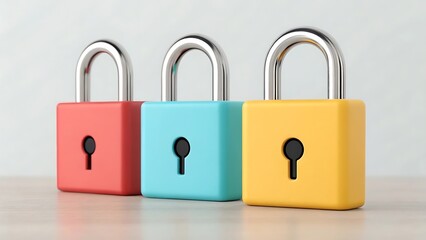 Naklejka premium Three colorful padlocks, red, blue and yellow, stand side by side on a reflective surface, symbolizing security and protection isolated on white background