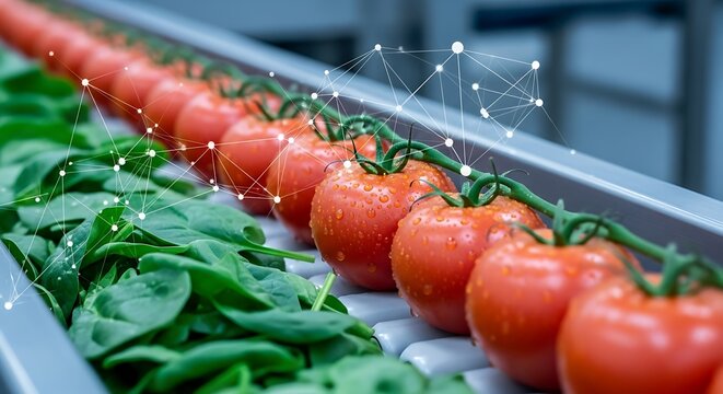 Fresh red tomatoes and green spinach on a conveyor belt with digital network overlay food processing - Powered by Adobe