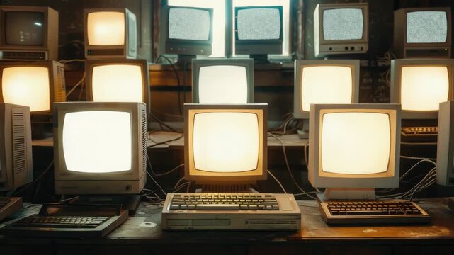 A collection of outdated computers stacked on a table