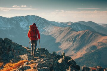 Obraz premium A man in a red jacket hikes on a rocky mountain peak equipped with trekking poles and a backpack with stunning mountains in the background Viewed from behind