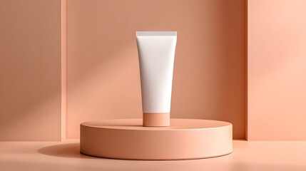 Modern minimalist mockup featuring a white cosmetic tube on a soft peach podium, ideal for beauty product marketing or showcasing skincare packaging.