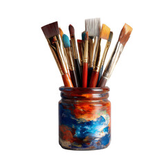 Colorful Paintbrushes in Artistic Jar Isolated on White Background for Creative Projects and Designs