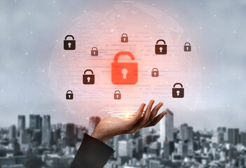 Digital security concept illustrating a cybersecurity breach, with a red unlocked padlock...