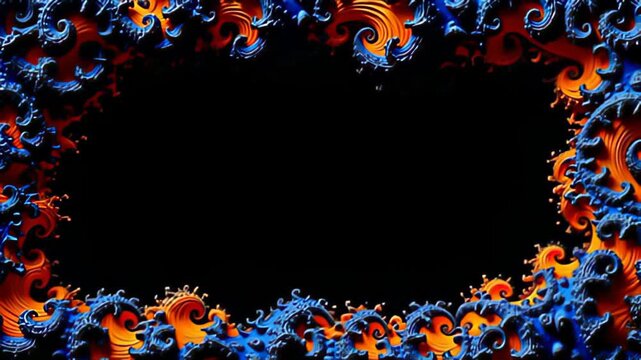 Delve into an exquisite abstraction featuring a Fractal Border Frame expanding in recursive loops, framed by dynamic waves of gold and cobalt that swirl with intoxicating vigor, creating a