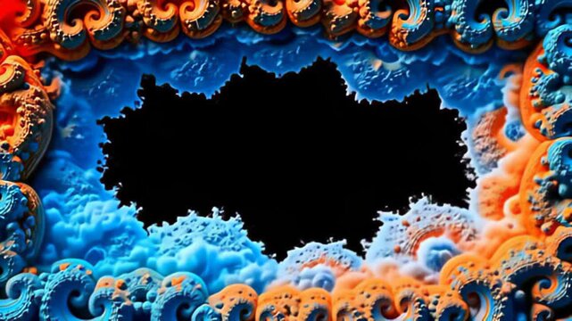 Uncover a stunning formation where a Fractal Border Frame expanding in recursive loops serves as a focal point, enveloped in a foamy sea of vibrant oranges and aquamarines that ebb and