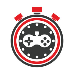 Red and black stopwatch icon with video game controller inside timer gaming
